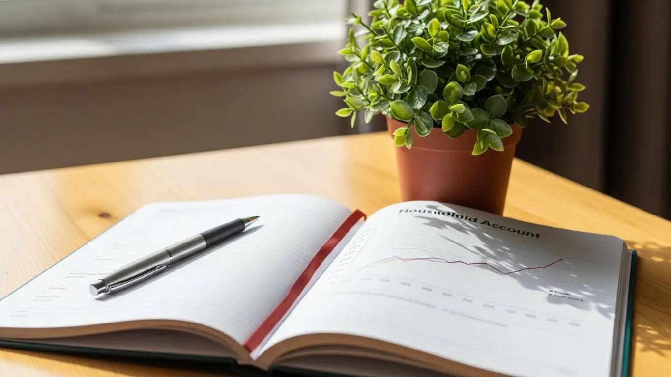 식물과 함께한 휴식 공간에서 정보를 정리하는 모습, 자연광이 들어오는 공간 풍경